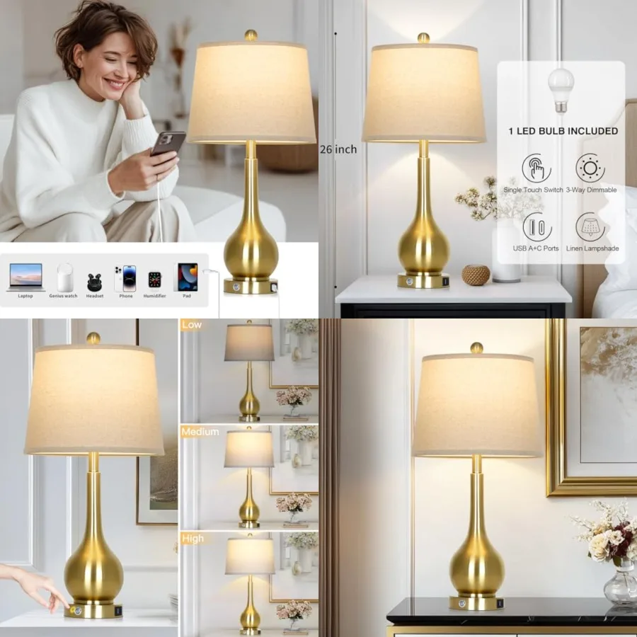 

26" Gold Table Lamp for Living Room Single, Touch Control Bedside Lamp for Bedroom, 3-Way Dimmable End Table Lamp for Nightstan