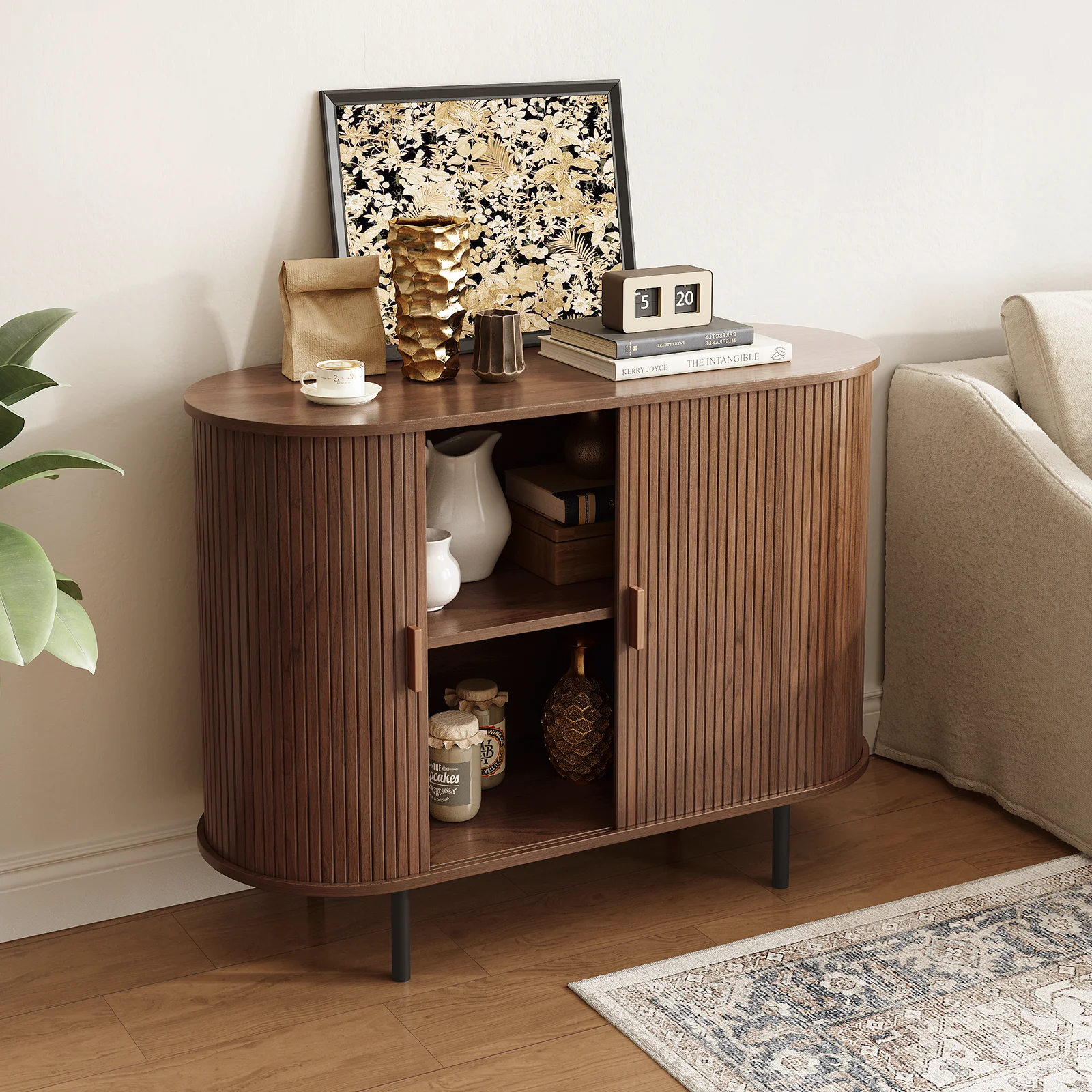 خزانة بوفيه جانبية مع باب منزلق، وخزانة تخزين ورف قابل للتعديل، وطاولة وحدة تحكم لخزانة بار القهوة