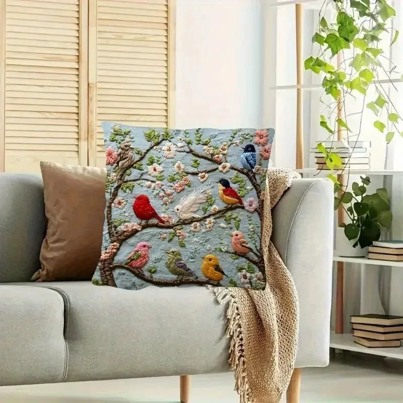 VIKAMA Chinese Floral and Bird Cushion Cover Soft and Skin-Friendly Peach Velvet Sofa Cushion Cover Bed Pillowcase Home Decor