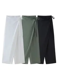 HH Women Fashion Drape Sarong Pants Vintage Solid Side Lace Up Loose Casual Elastic Waist Trousers Woman Asymmetrical Pant