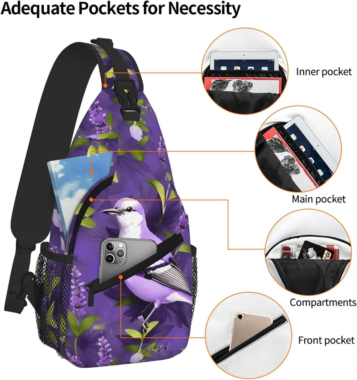 الطيور في الأرجواني الخزامى الأزهار الزهور طباعة حقيبة ظهر صغيرة ذات حمالة حقيبة كروسبودي ، حقيبة الصدر Daypack حزمة مراوح للخارجية