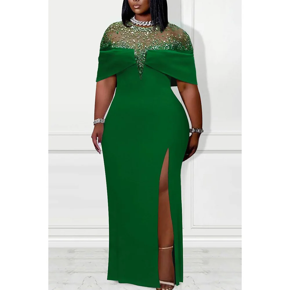 Plus Size Formal Dress Green Mesh Rhinestone High Split Knitted Maxi Dress