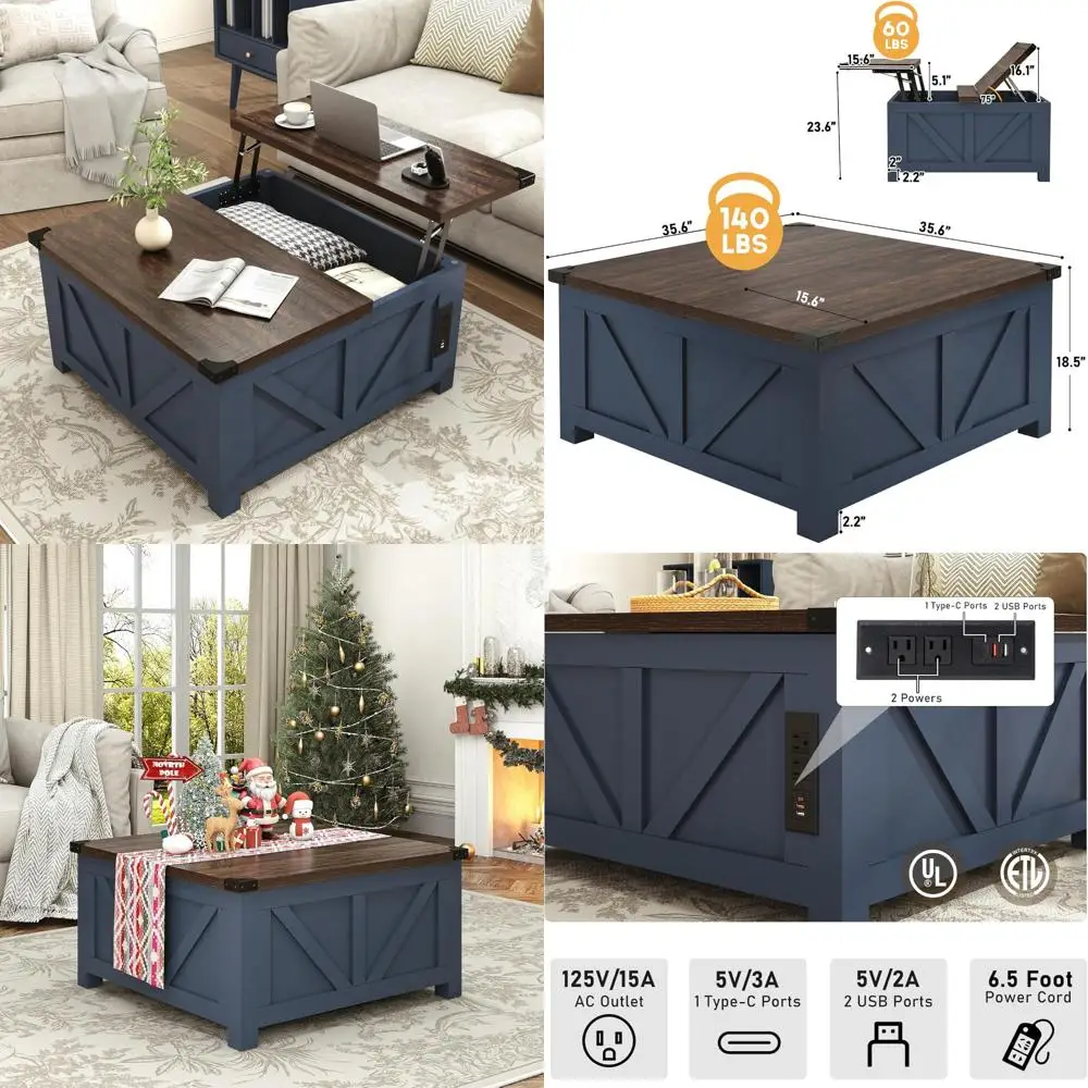 Rustic Storage Coffee Table with Lift Top, Wood Square Living Room Table featuring Charging Station and USB Port