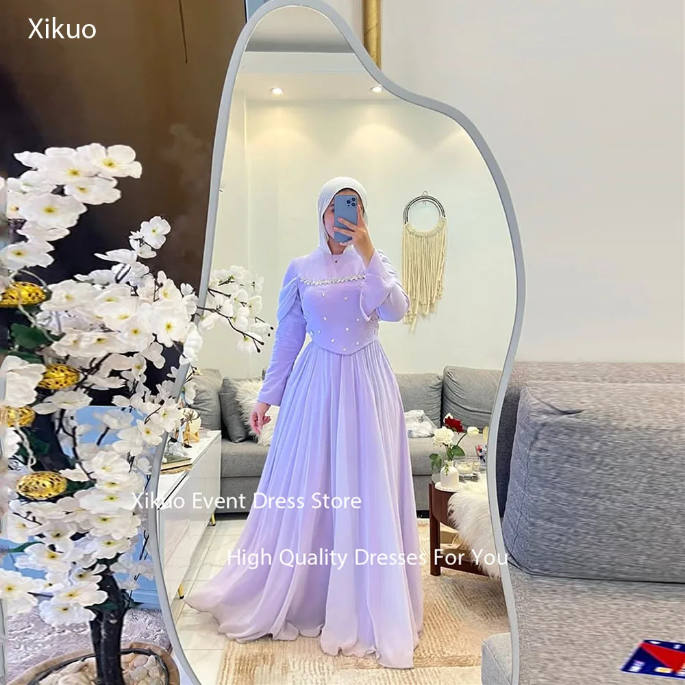 

Xikuo Пастельные фиолетовые шифоновые вечерние платья Sparkly A Line Chic Robe فساتين سهرة Саудовская Аравия Вечерние платья по индивидуальному заказу