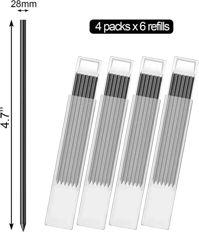 Isi ulang pensil 24 buah, isi ulang pensil 2.8mm untuk pensil tukang kayu, pengganti pensil konstruksi mekanis lubang dalam Solid