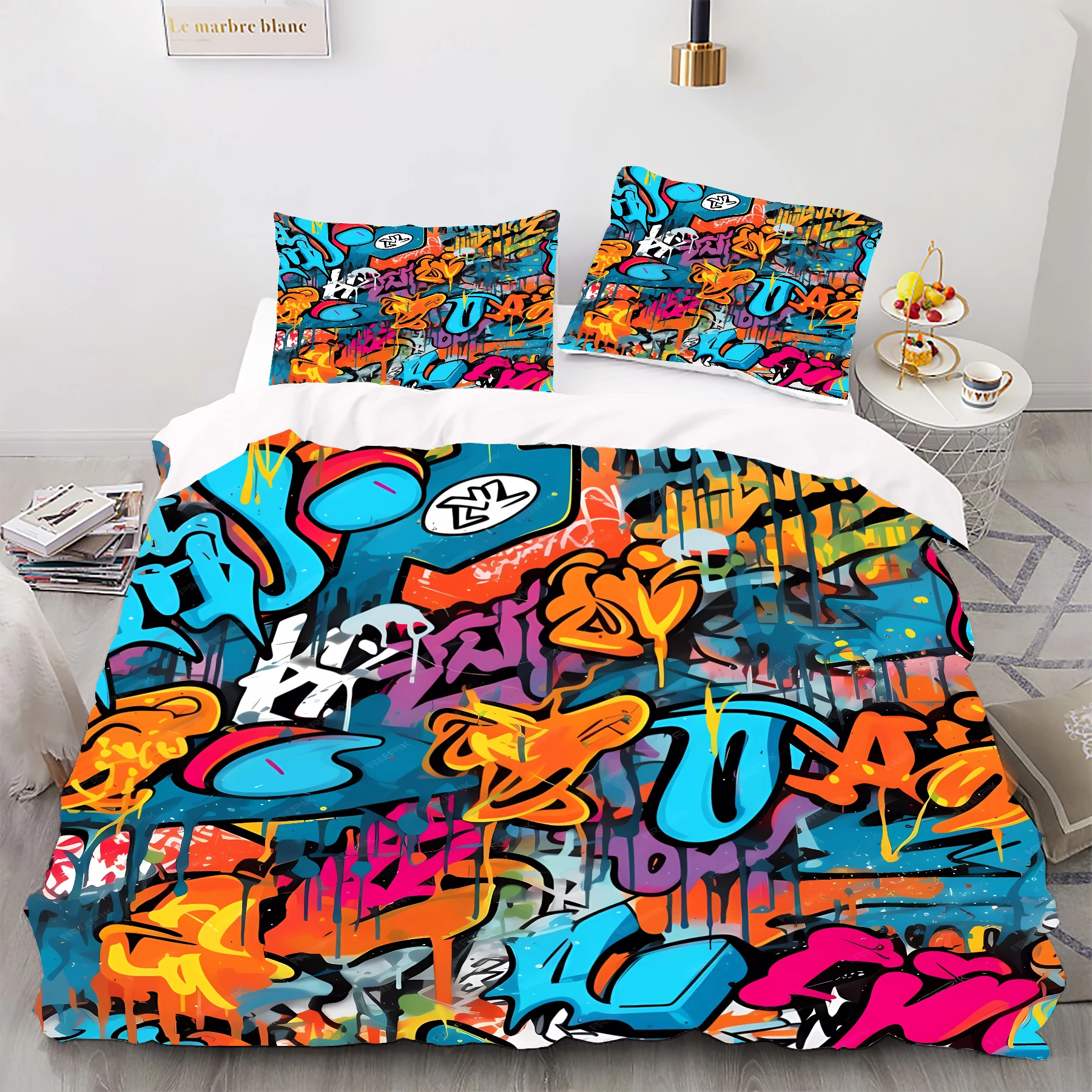 Graffiti Style Digital Printed Duvet Kit - Polyester - Bedroom Decor -1 Bed Cover +2 Pillowcase (no pillow core)