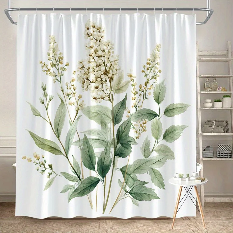 

1pc botanical watercolor shower curtain, polyester material, machine washable, with hooks, suitable for bathroom decoration