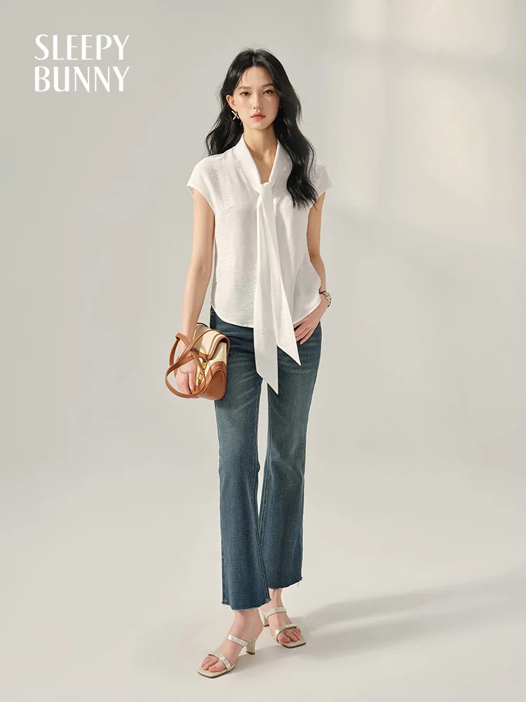 

Элегантная блузка с галстуком-бабочкой и v-образным вырезом для женщин, летняя белая рубашка с коротким рукавом, свободный крой, топ во французском стиле для повседневной носки, тонкий шик