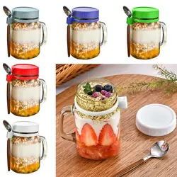 Overnight Oats Jars with Lids Yogurt Pot 450ml Wide Mouth Glass Breakfast Jar with Spoons & Handle Leakproof Container