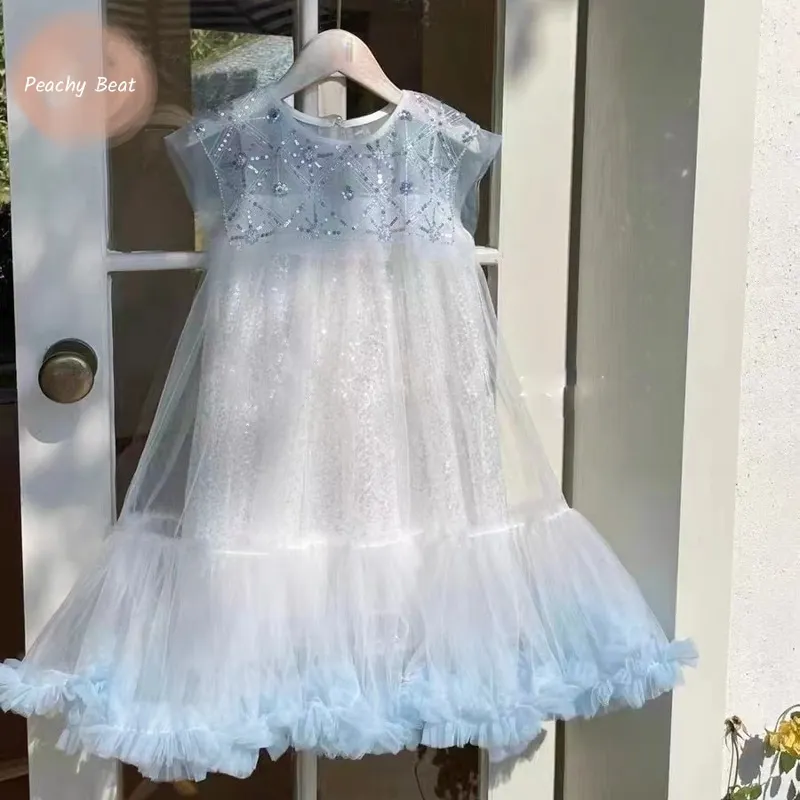 Baby Girl Princess Bluey Sequine Dress Toddler Child Sleeveless Elegant Tulle Vestido Summer Party Birthday Baby Clothes 3-12Y