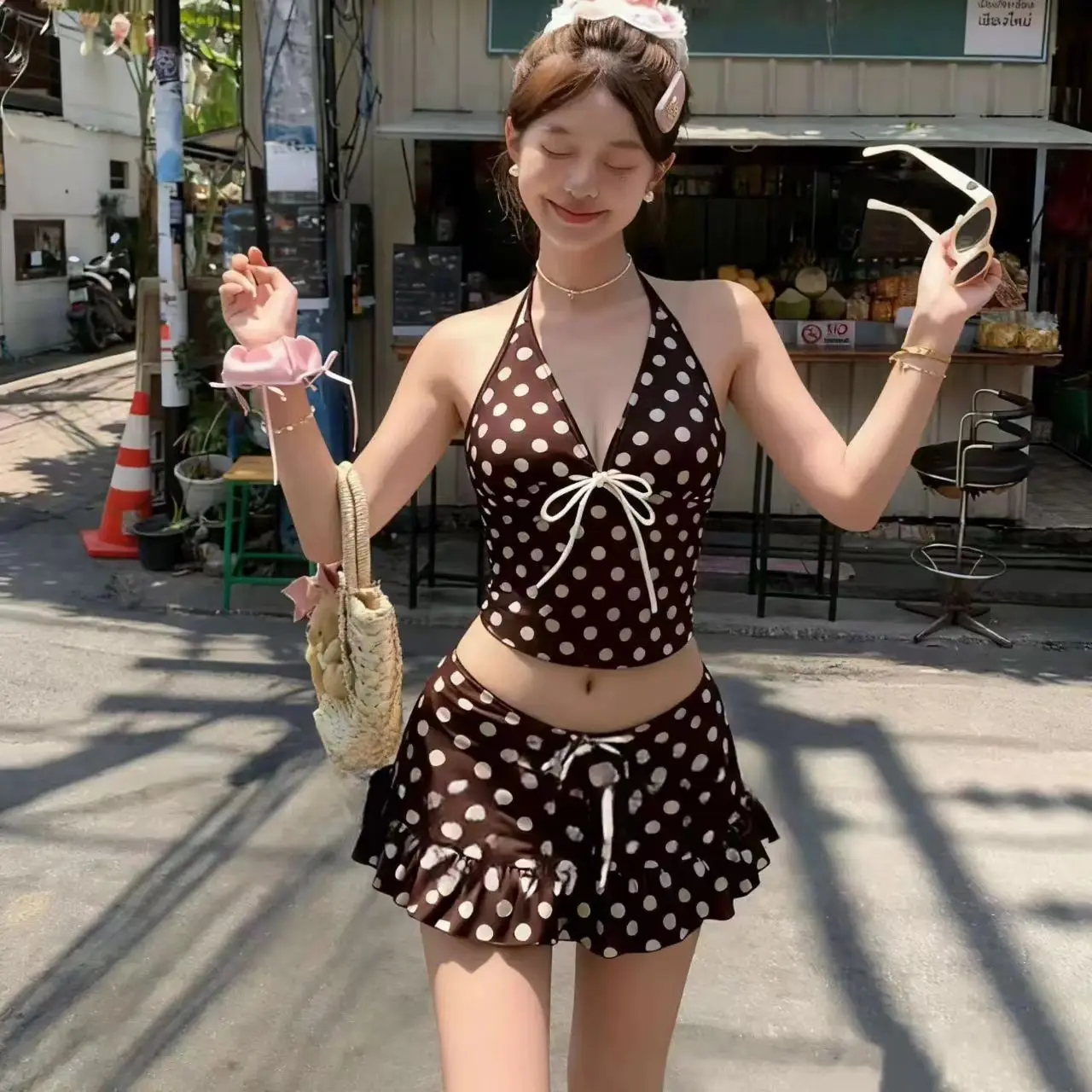 

Women's Bikini Swimsuit Halter Neck Three-piece Set Small Chest Gathered Slimming Vacation Style Hot Spring Beach