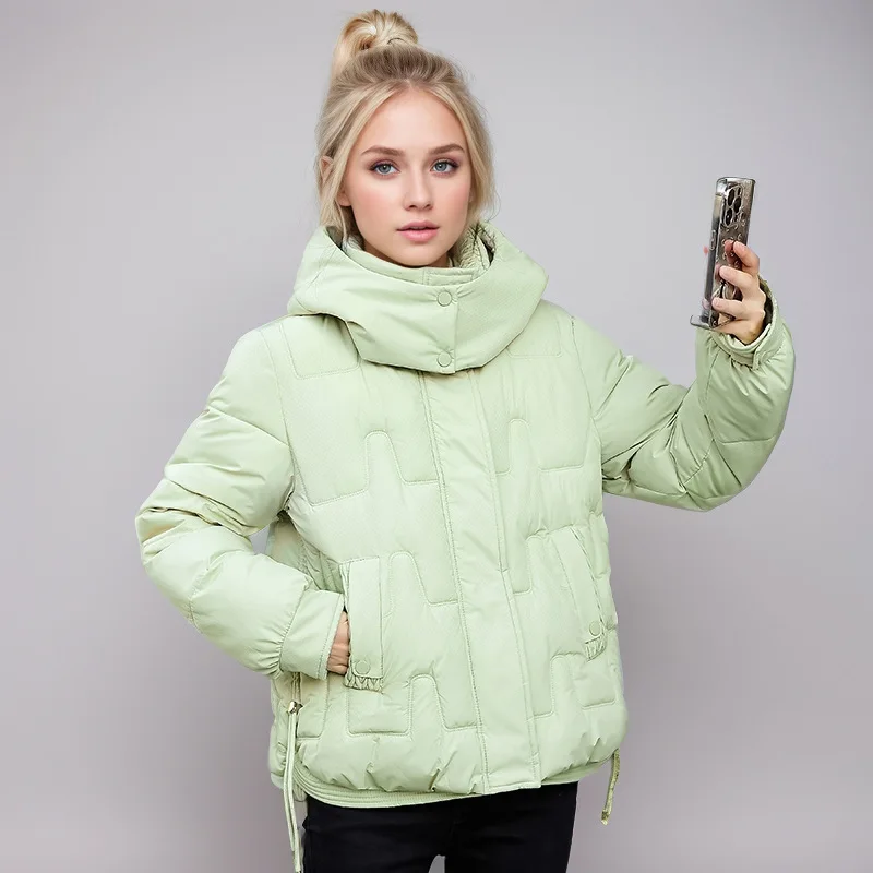 Winter Women's Quilted Jacket Geometric Print Solid Zipper Stand Collar Padded Coat For Female Cropped Minimalsit Lady's Coat