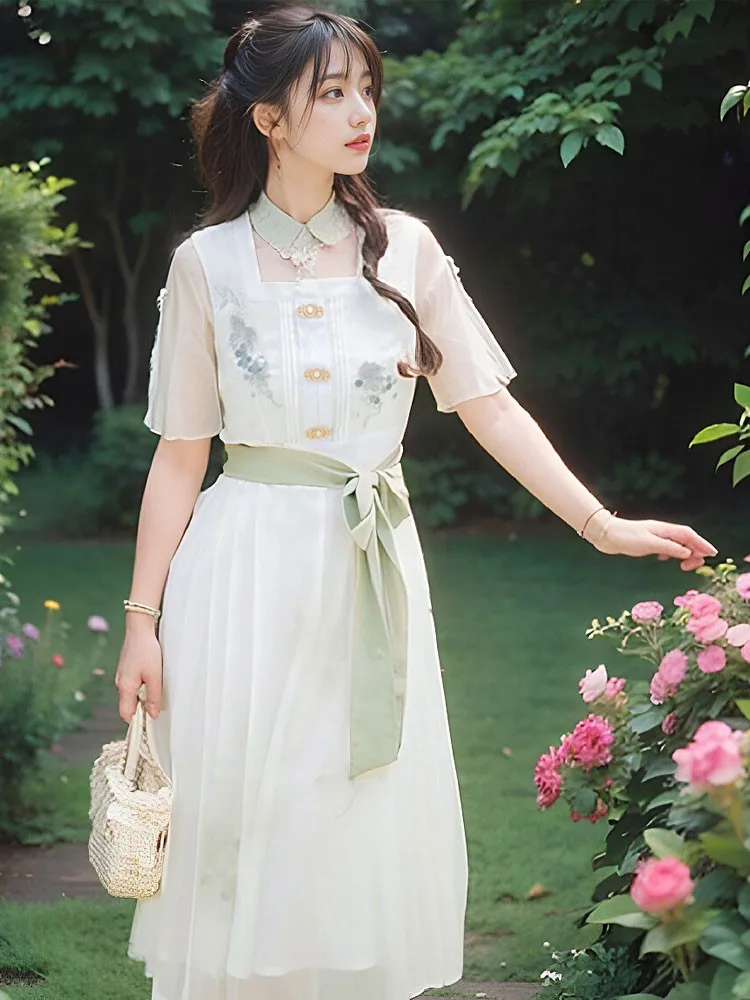 

New Chinese Style Suspender Skirt Two-Piece Set Embroidered National Han Elements Improved Shirt Jumpsuit