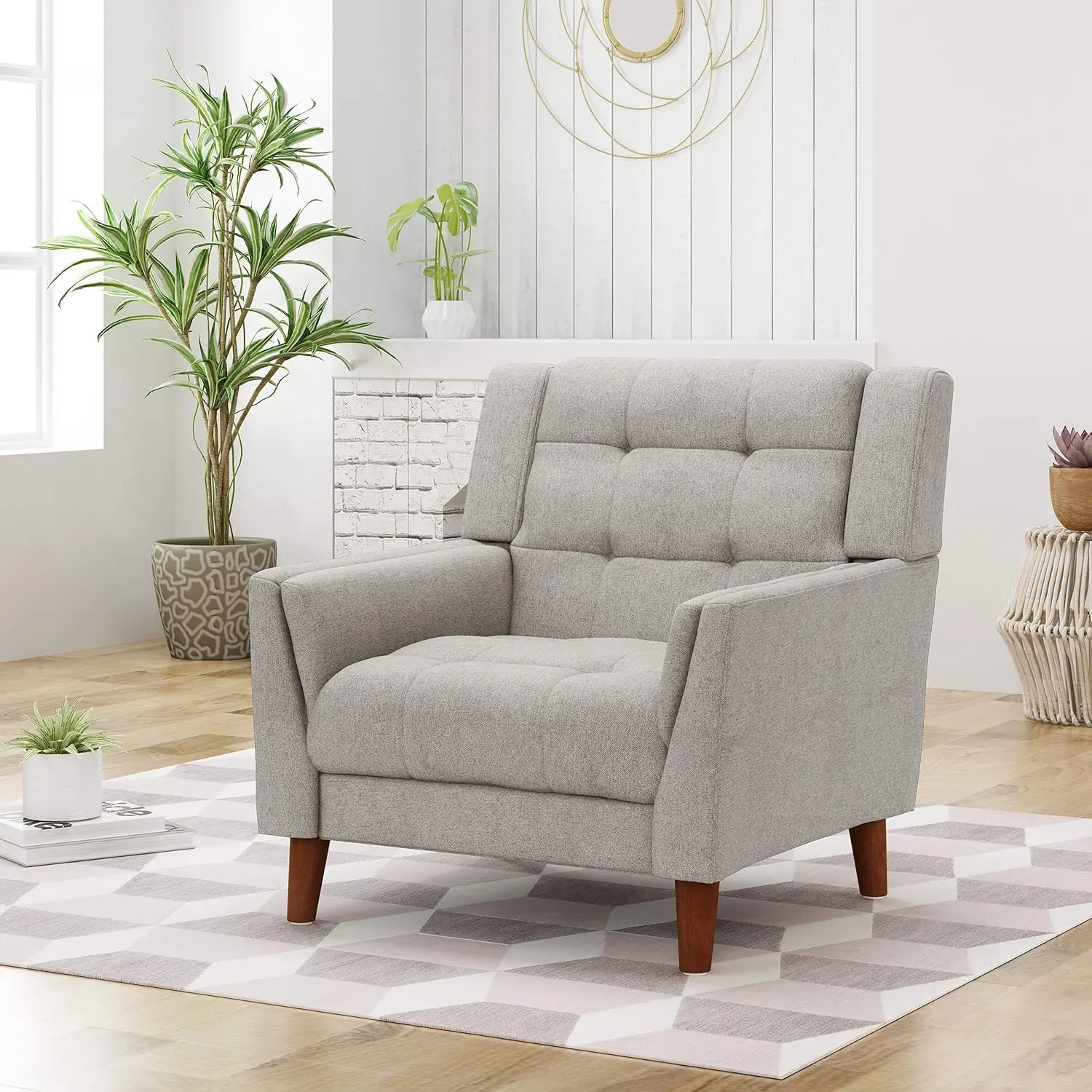 [Free Shipping!]Evelyn Mid Century Modern Fabric Arm Chair, Beige & Walnut