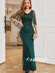 2024 V-neck Half Sleeve Mother Of The Bride Dress For Wedding Sparkly Sequins Beads Prom Dress Green Long Evening Gown