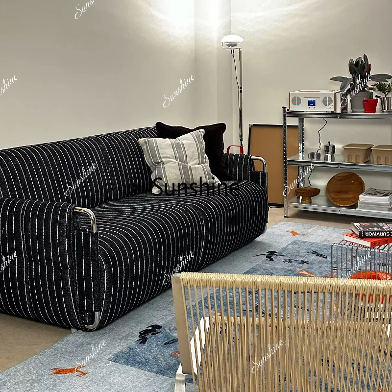 Retro style sofa medieval striped fabric stainless steel three-person living room sofa
