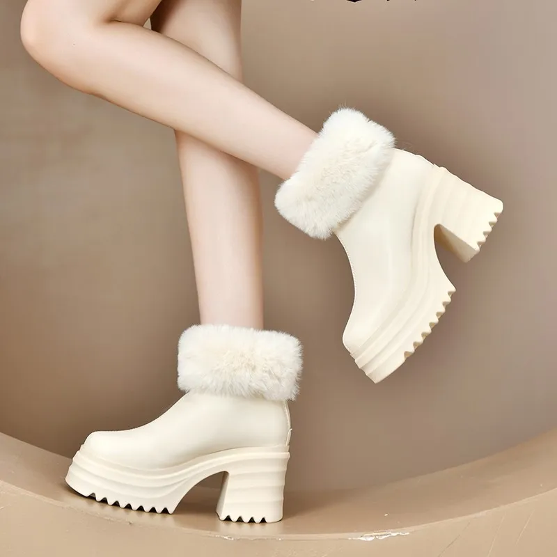 

Cotton Shoes Winter New Round Toe Block Heel Back Zipper Platform Non-slip Warm Booties