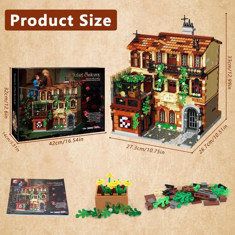 Italian Renaissance 3-Level Villa Building Set, 3800 Pieces with Balcony, Ivy Vines, Ideal for Adults & Teens, Home Decoration o