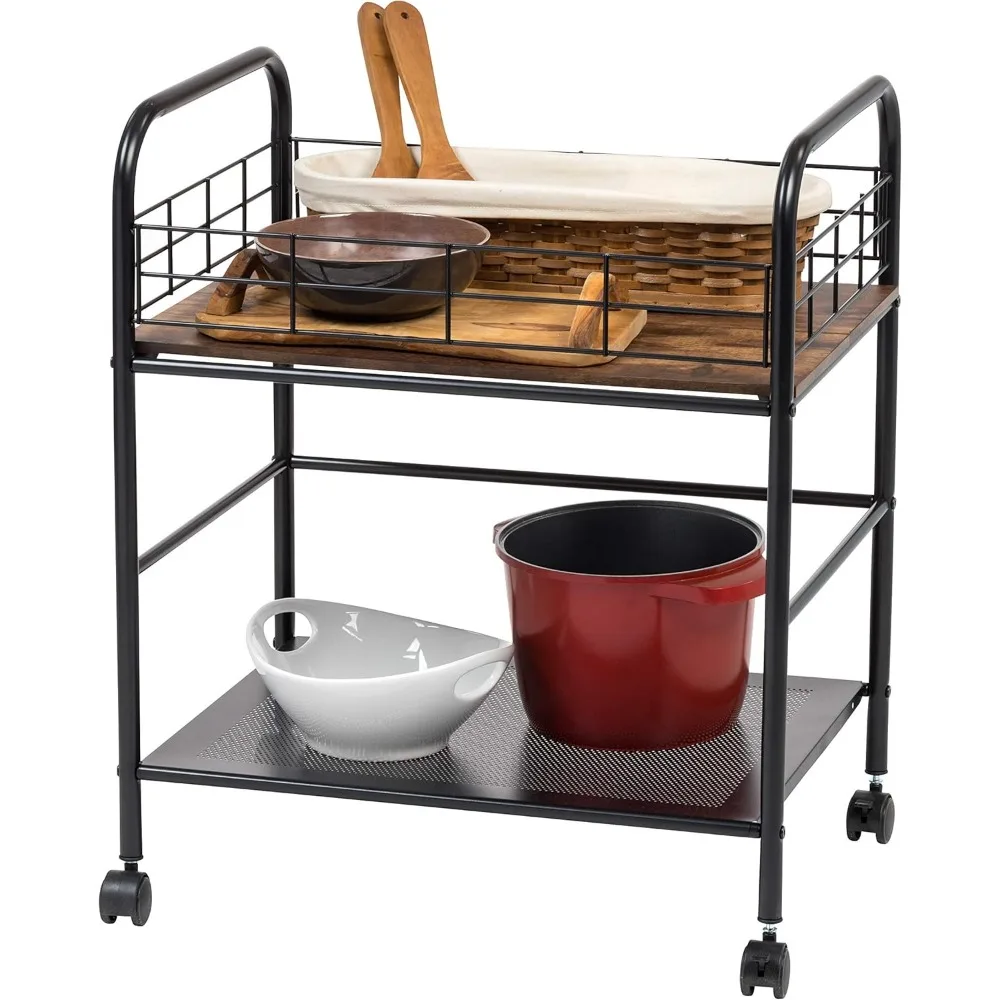

2-Tier Rolling Kitchen Cart with Lockable Wheels, Rustic Brown Coffee Bar Serving Pantry Storage