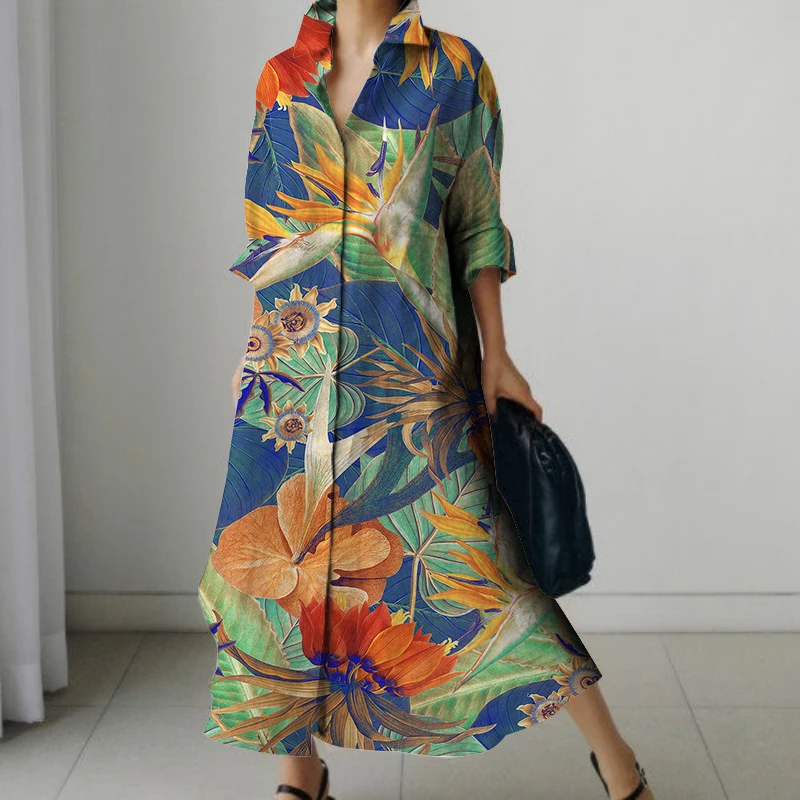 Holiday Summer Extra Long Dress Women's Fashion Long Sleeve Nightgown Vintage Printed V Neck Sundress Casual Loose Shirt Dresses