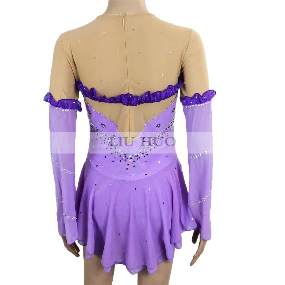 LIUHUO フィギュアスケートドレス女性女の子 Aldult アイスパフォーマンス体操競技ダンス衣装紫長袖バレエ