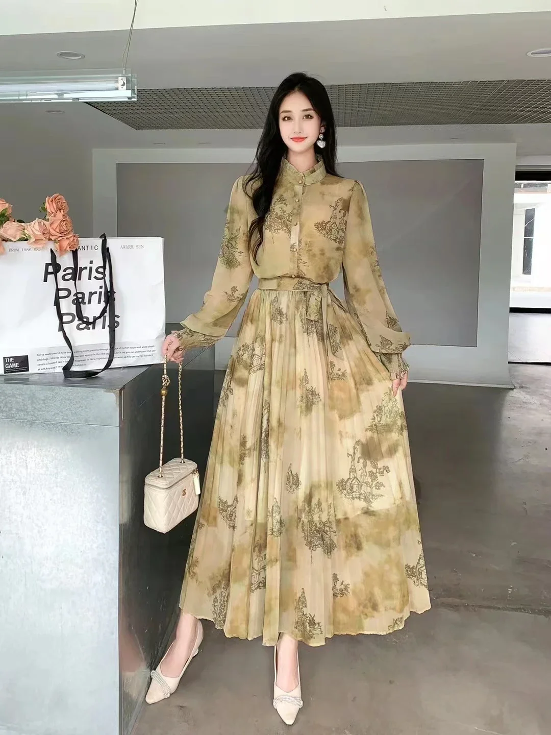 Spring Autumn Women Vintage Floral Skirt Suits Loose Long Sleeve Chiffon Shirt And High Waist Pleated Long Skirt Two Piece Set