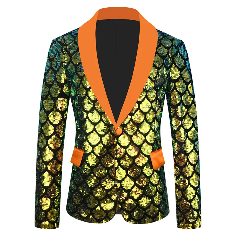 Blazer de lantejoulas para homens com glitter, casaco blazer, gola xale, fino, um botão, terno, jaqueta para banquete, anfitrião, festa noturna, smoking, elegante