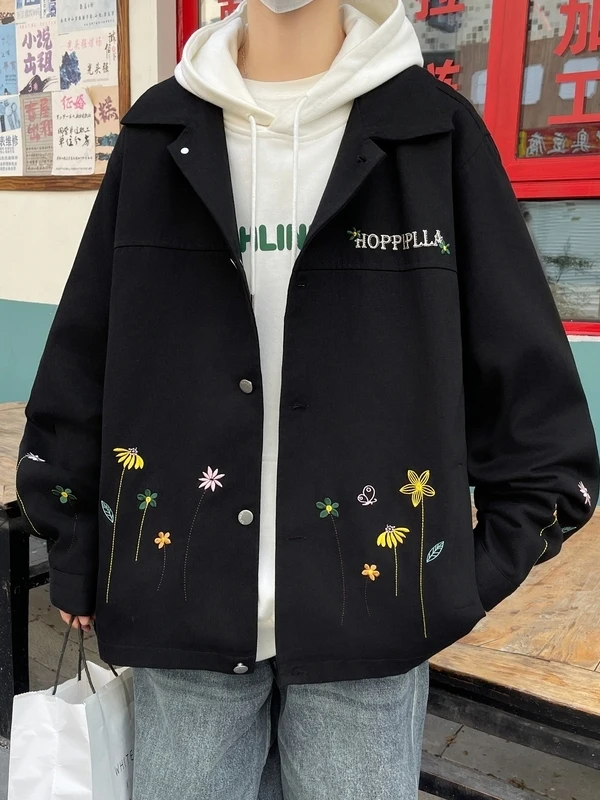 

Retro Floral Embroidery Jaet Loose Casual ex Autumn New Sle Versatile Couple Outerwear Polyester Long Sve Coat