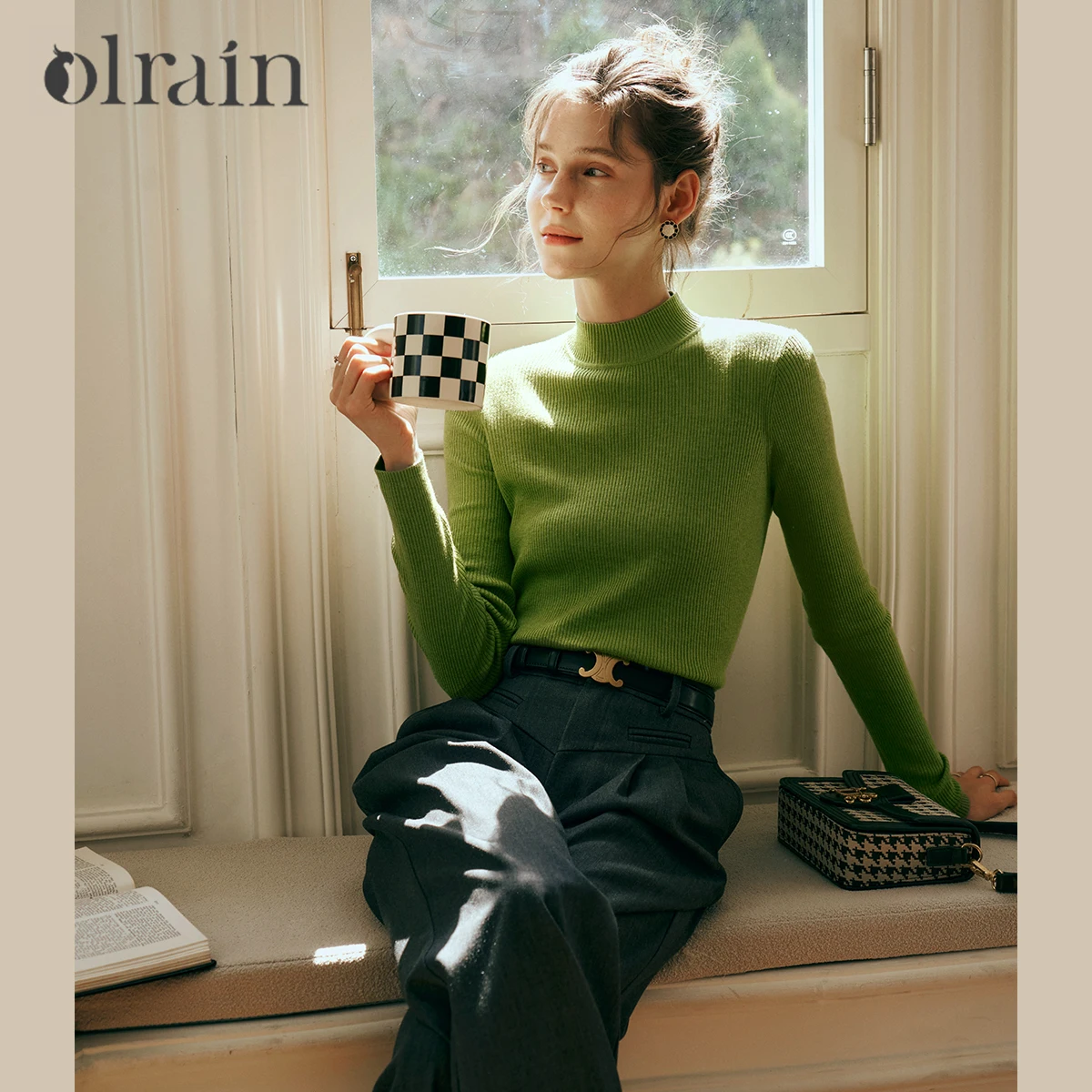 

OLrain Women Turtleneck Knit Sweater 2025 Spring Knitwear Slim Fit Wool Blend Warm Pullover Long Sleeve Thermal Top E56QM66606