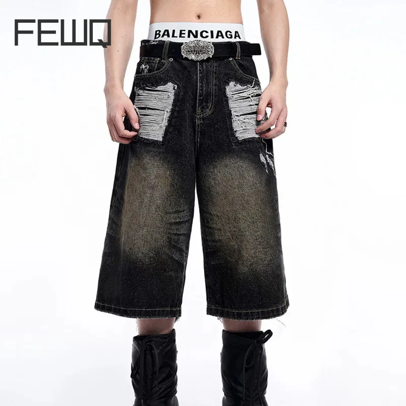 

FEWQ Men's American High Street Tassels Cropped Jeans Summer Straight Leg Wide Leg Pants 2024 Vintage Male Trousers