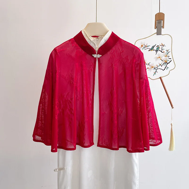 

Женские элегантные кружевные шали с цветочным принтом, накидка с воротником-стойкой, кардиган, накидка на плечо, болеро для платья, Cheongsam