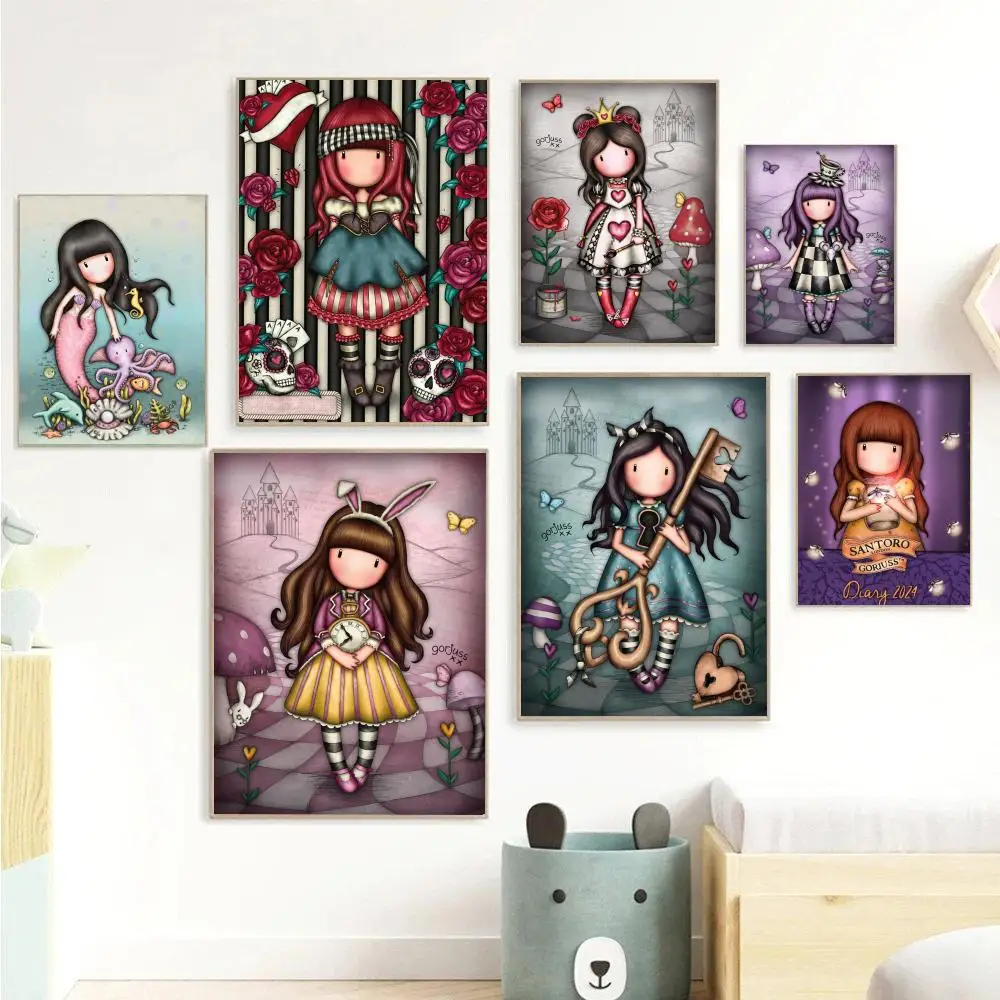 S-Santoro-Gorjuss Cute Cartoon Girl DIY Sticky Poster Fancy Wall Sticker for Living Room Bar Decoration Wall Decor