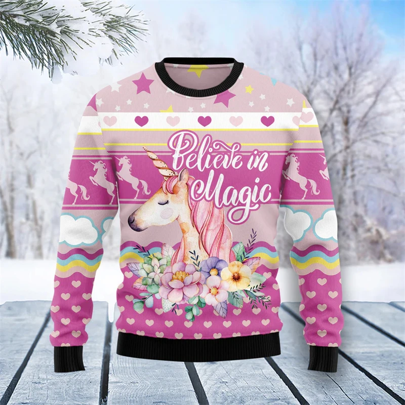 2026 New Unicorn Graphic Unisex Ugly Christmas Sweater Fashion Autumn Holiday 3D Printed Xmas Sweatshirts Casual Loose Pullovers