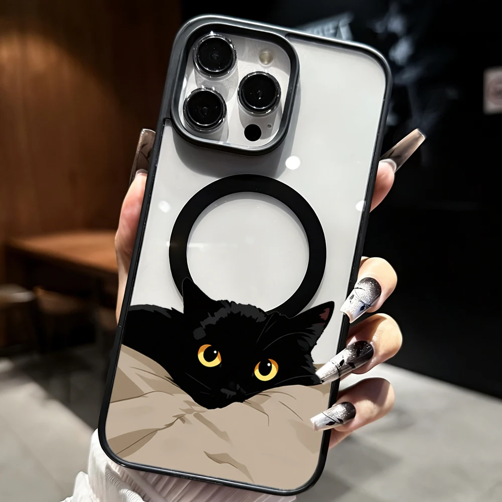 Niedliche Schwarze Katze Ästhetische Transparente Hülle für iPhone 17 16 11 12 15 Pro Max 13 14 Plus Hüllen für Magsafe Kabelloses Laden Drop Cover – Detail 1