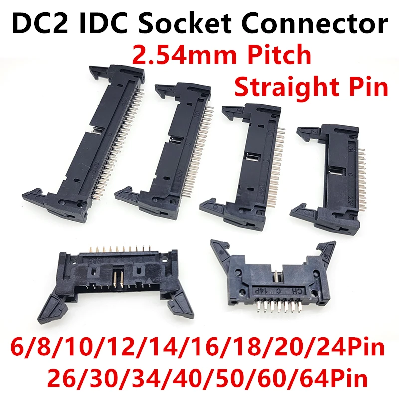 

10 PCS IDC Socket Connector DC2 Pitch 2.54mm Straight Pin 6/8/10/12/14/16/18/20/24/26/30/34/40/50/60/64 Pin Female For FC Cable