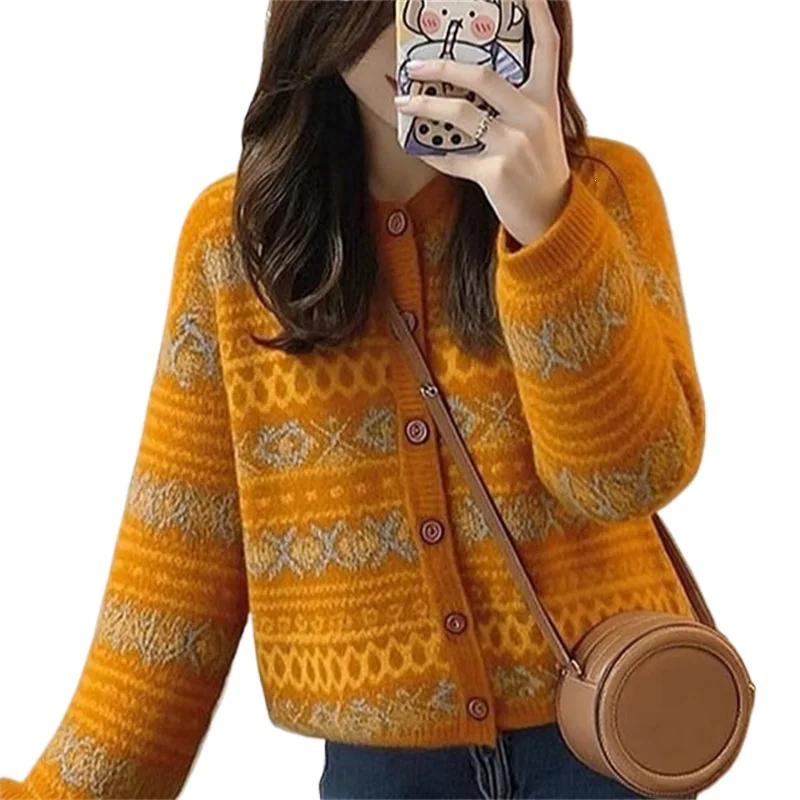 Soft Waxy Jacquard Sweater Women's Fall and Winter Lazy High-end Sense Foreign Style Fair Island Style Knitted Cardigan Top New