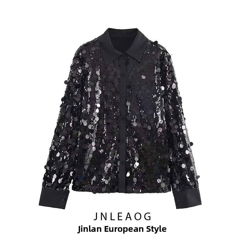 

JNLEAOG Autumn New Women's Faion Casual Versatile Sequin Long Sve irt Polyester Loose Fit Not Deformable Striped Pattern