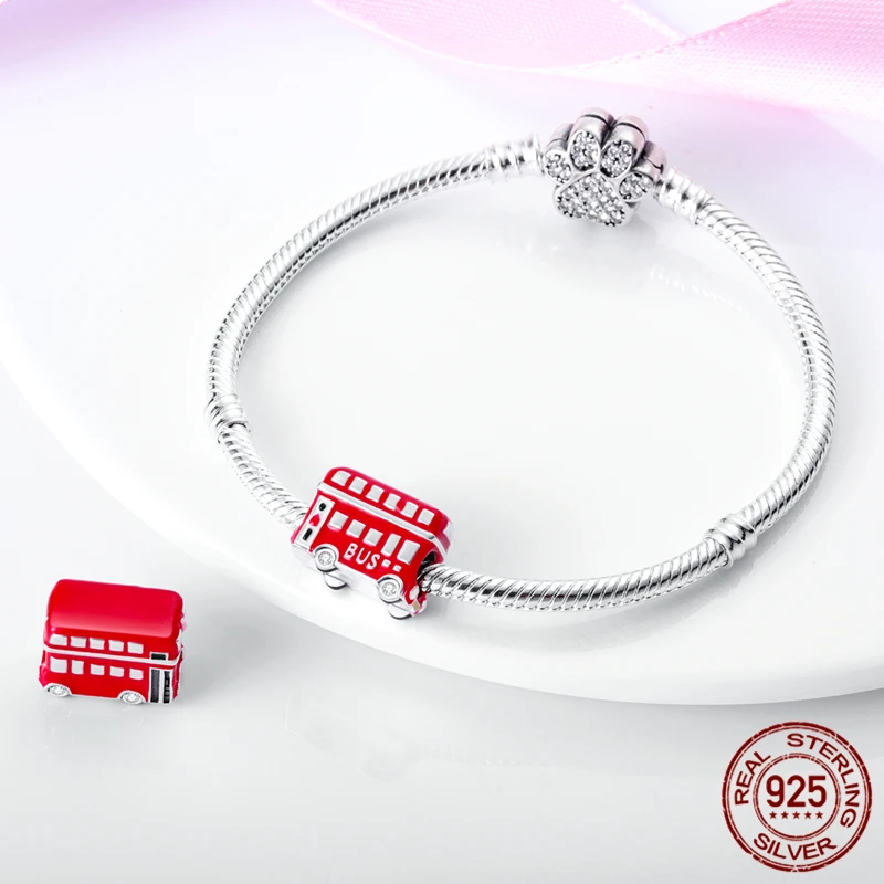 ลูกปัดจี้รูปรถบัสและรถไฟเงินแท้ 925 พร้อมสร้อยข้อมือแท้ - ของขวัญเครื่องประดับ DIY สำหรับผู้หญิง