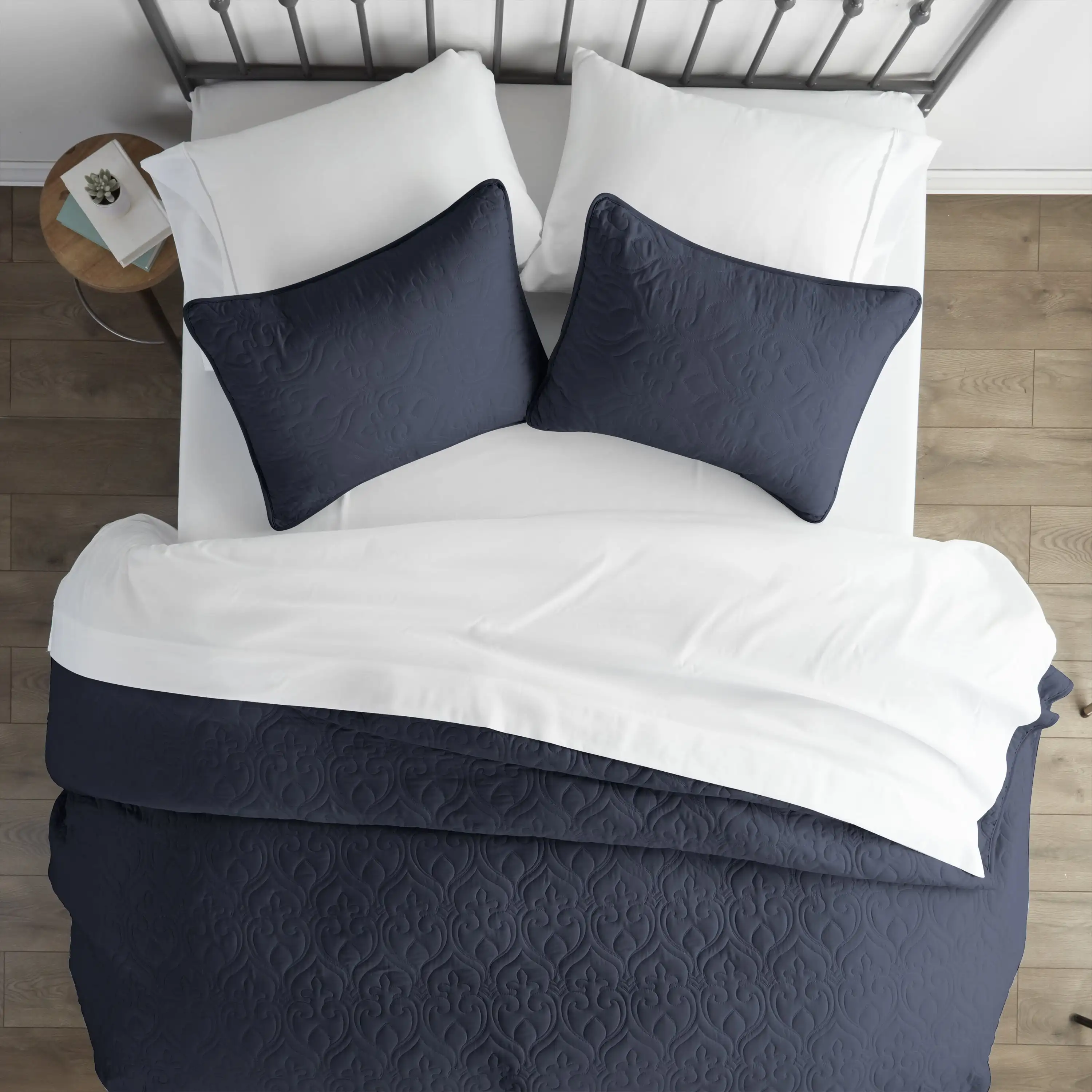 

Navy Damask Pattern Quilted Coverlet Set, Twin / Twin XL