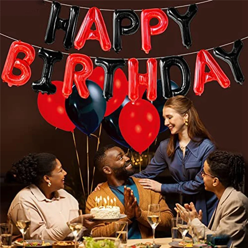 

N37R_Черно-красные банерные шары с днем рождения — 16 дюймов