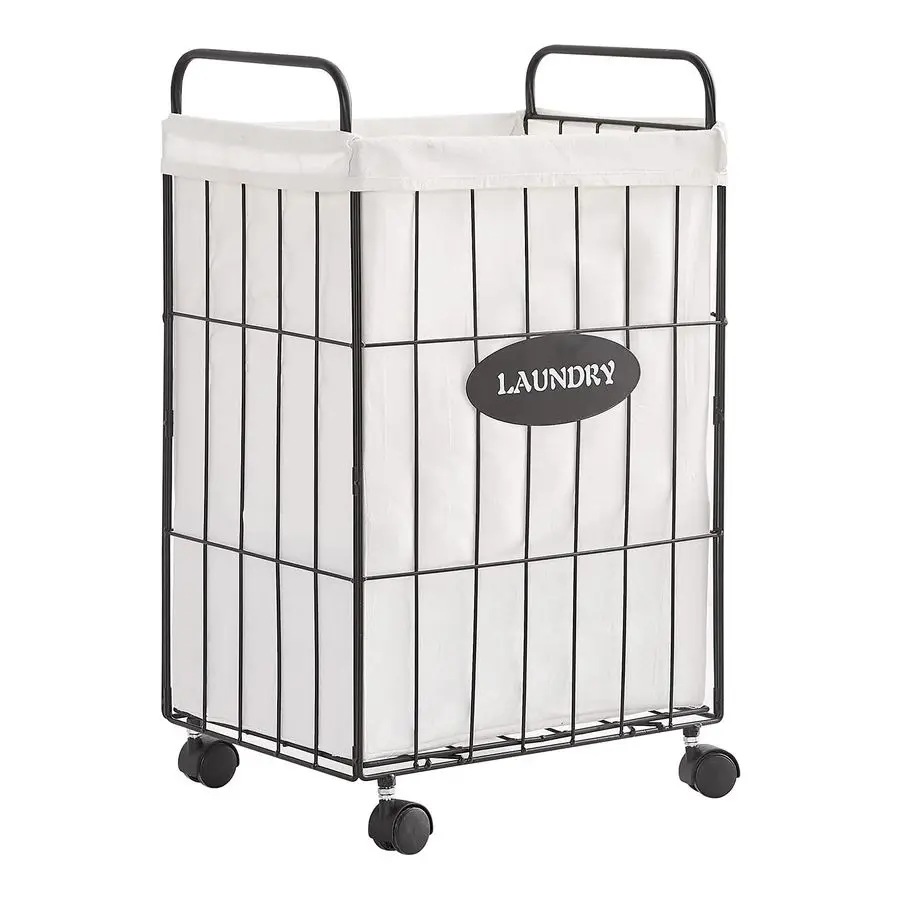 

Iron Wire Laundry Hamper With Rolling Lockable Wheels, Folding Laundry Storage Basket with Handles,Detachable Liner Collapsible