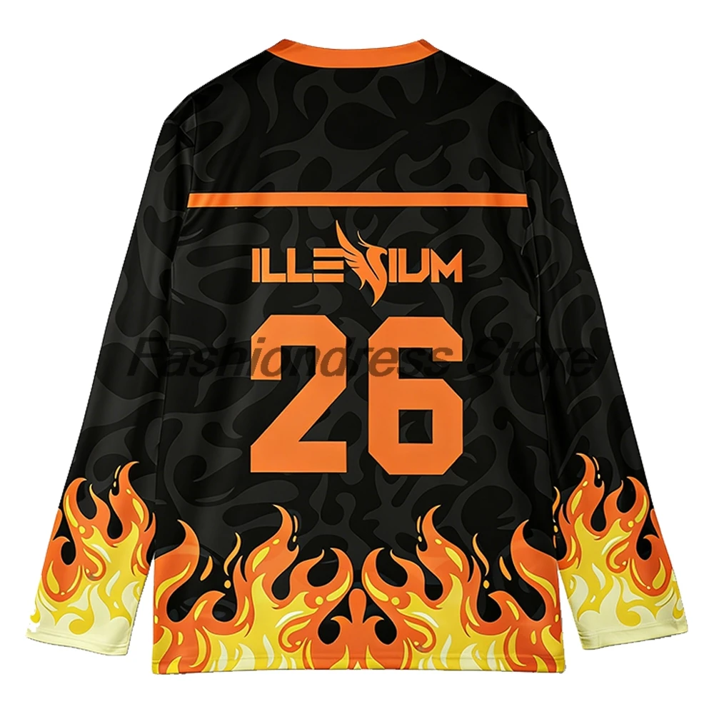 Illenium Fire Flame Hockey Jersey 2026 Music Festival V-Neck Long Sleeve Loose Top T-shirt Women Men Sportwear Shirts