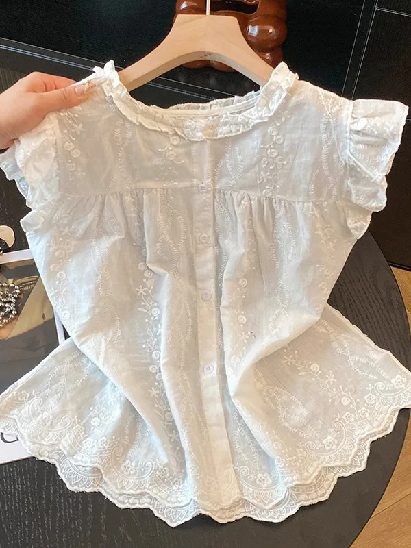 

Elegant Embroidered Shirt Women's Summer New Style Doll Sleeveless Top Wooden Ear Fashionable Youthful White Cotton Blend