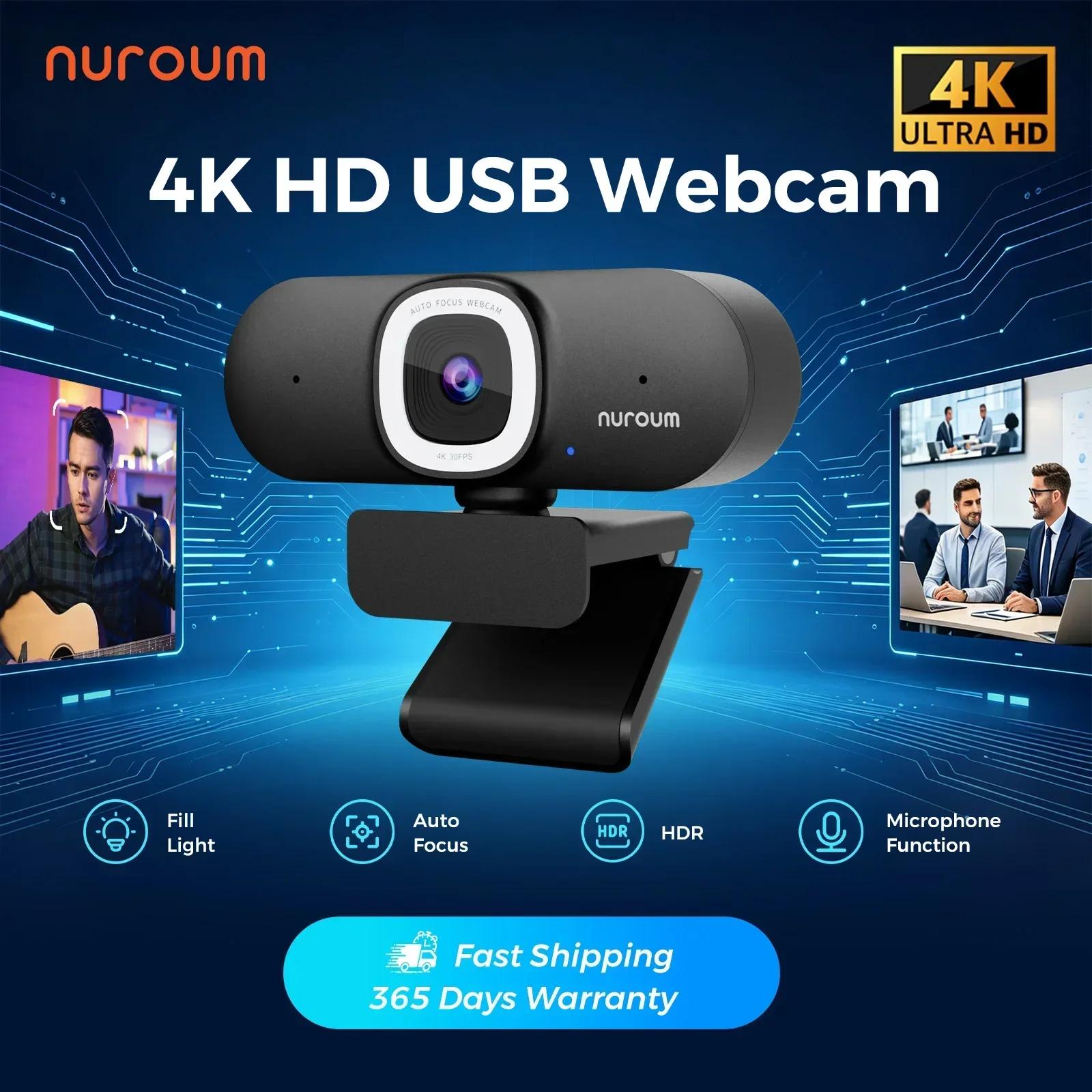 NUROUM V32AFL 4K webcam with mic, autofocus, auto-framing & ring light. USB plug-and-play for PC, for meetings,live streaming