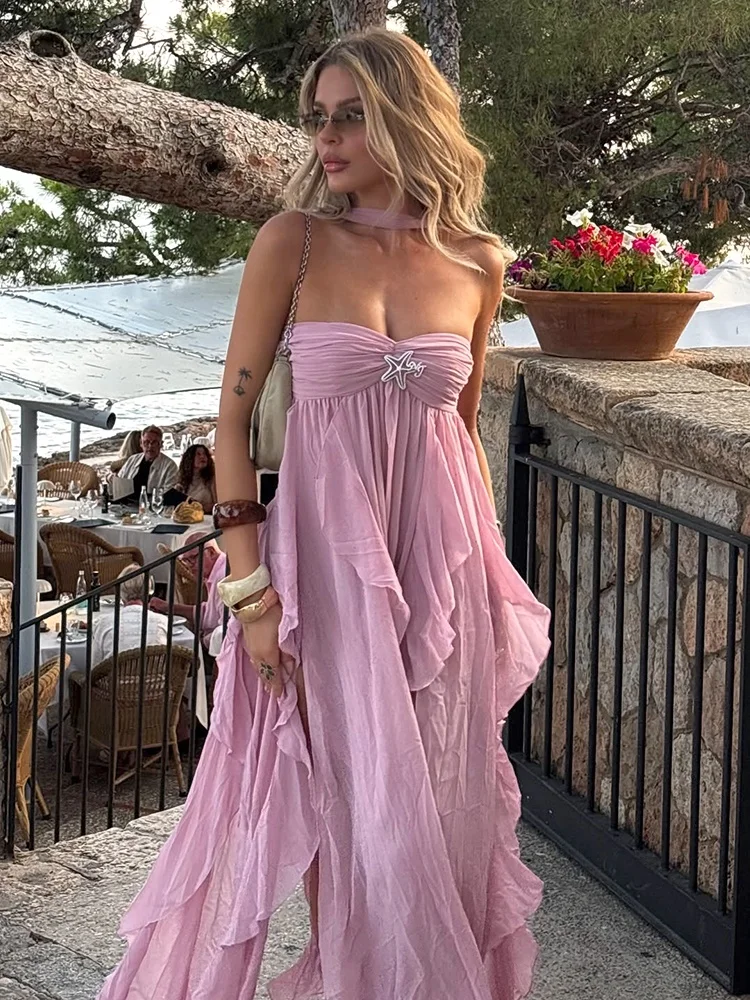 

2025 Strapless Ruffled Tassels White Summer Dresses Halter Irregular Mesh Women's Beach Vacation Birthday Party Dresses Vestidos