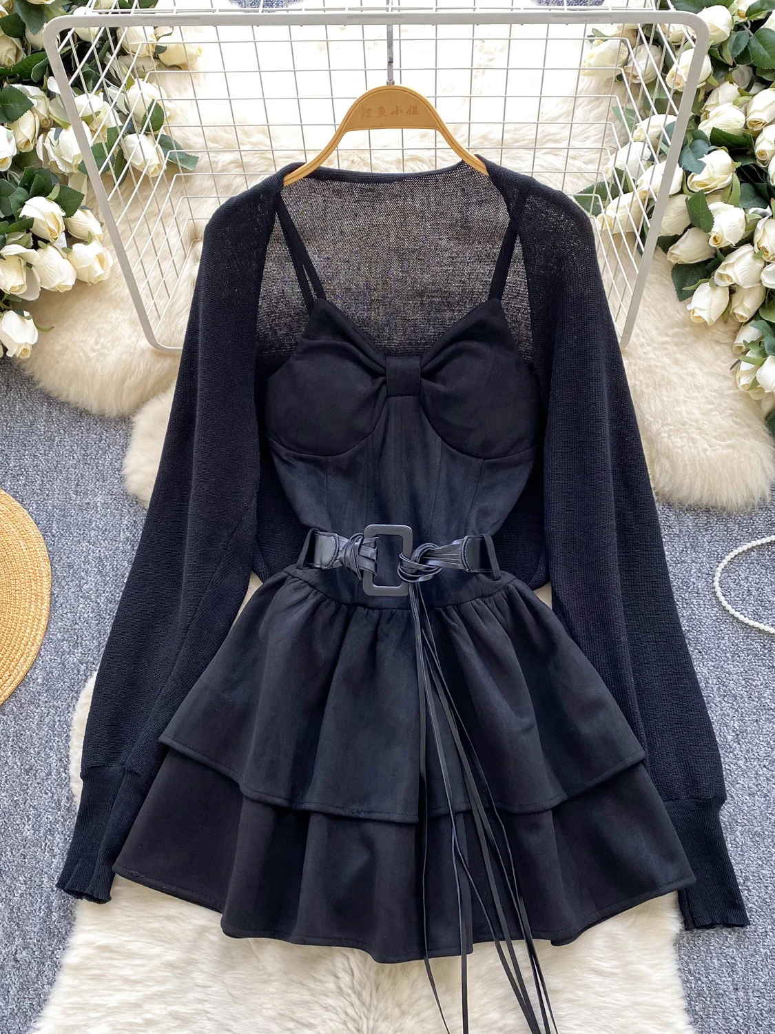 

Foamlina Women Two Pieces Set Sexy Spaghetti Strap Sleeveless Slim Ruffles A Line Mini Dress with Long Sleeve Sweater Cardigan