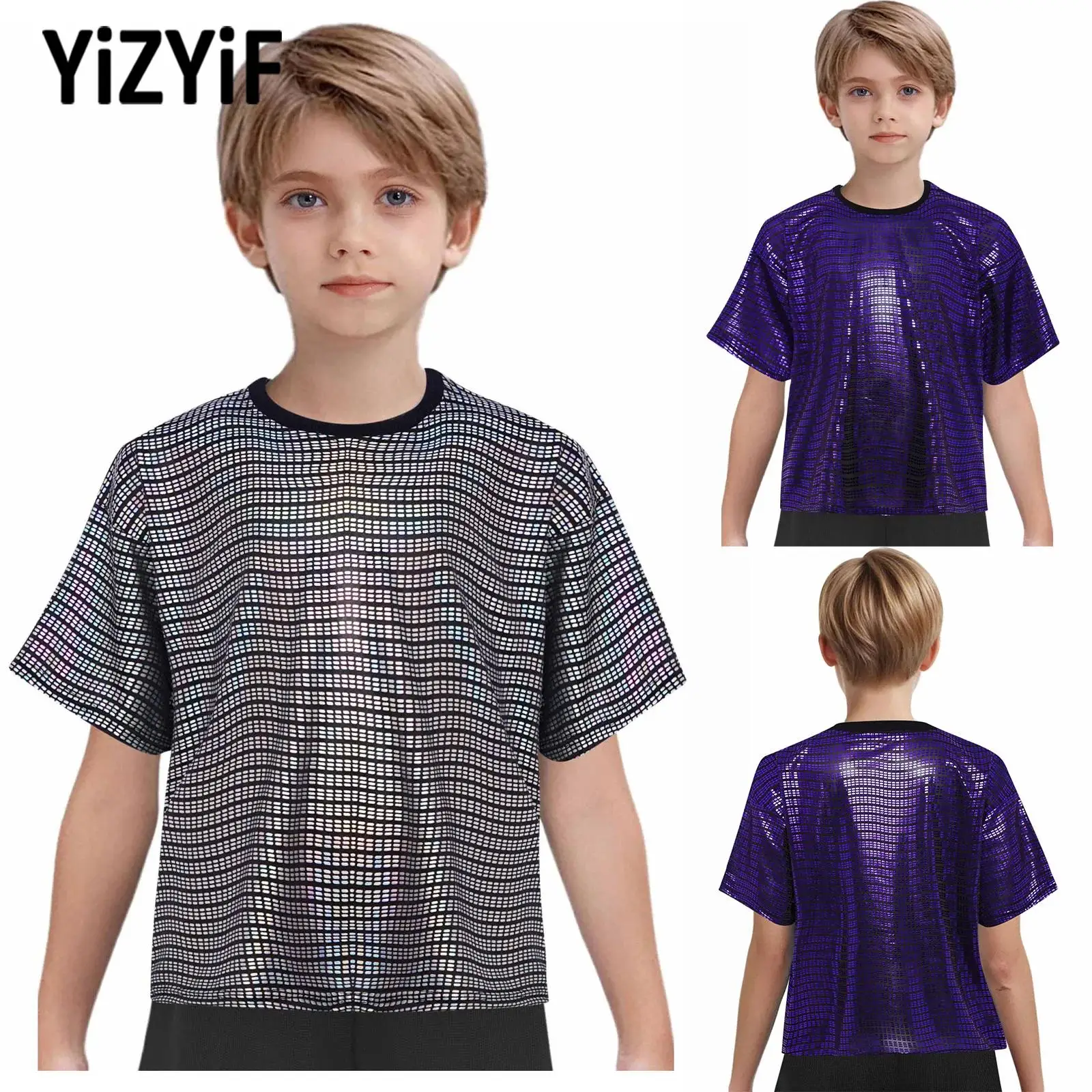 

Kids Streetwear Shiny Metallic T-shirt Short Sleeve Loose Top Hip-Hop Jazz Performance Costume for Carnival Disco Cosplay Party