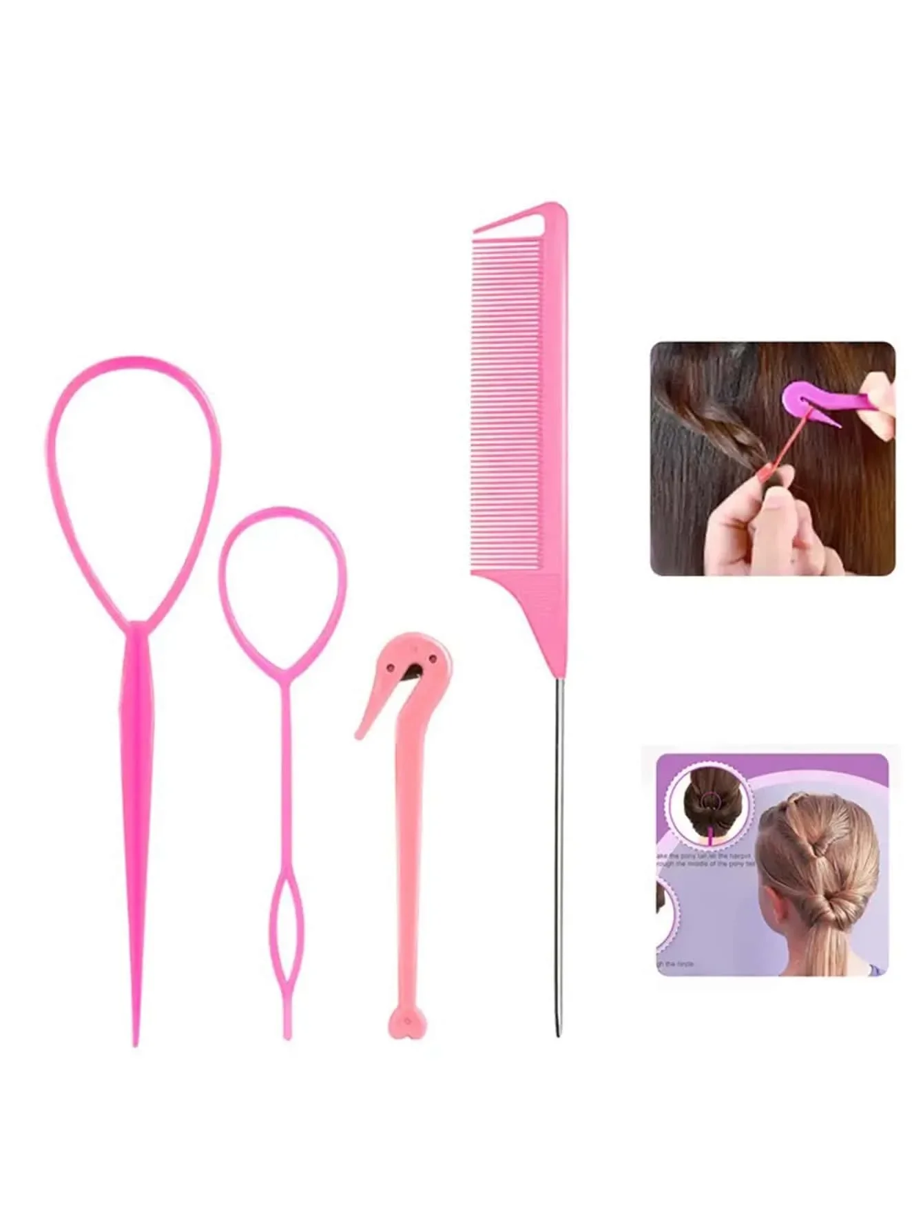 4PCS French Knitting Tool Set – Steel Needle, Mouse Tail Comb, Elastic Headband for Real Hair Wigs