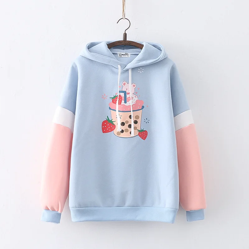 Winter Kawaii Strawberry Hoodie Women Sweatshirt Hooded Fleece Warm Clothes Cute Girls Harajuku Fashion Anime Bear Pullover