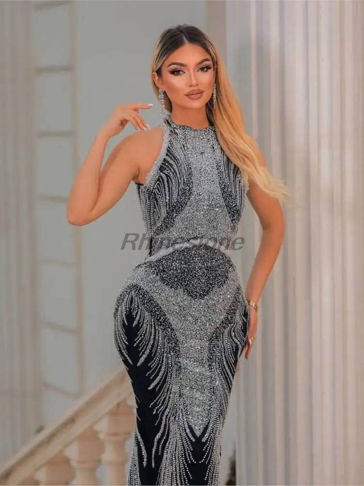 Super Sparkling Silver Sequin Embroidery Waist Pack Hip Sleeveless Luxury Party Evening Dress